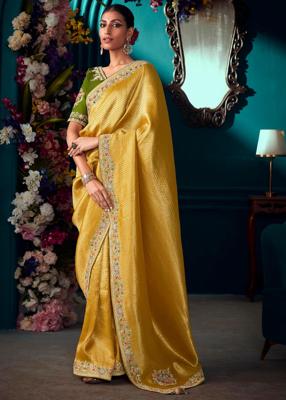 Buy MySilkLove Wattle Yellow Woven Embroidered Banarasi Silk Saree Online