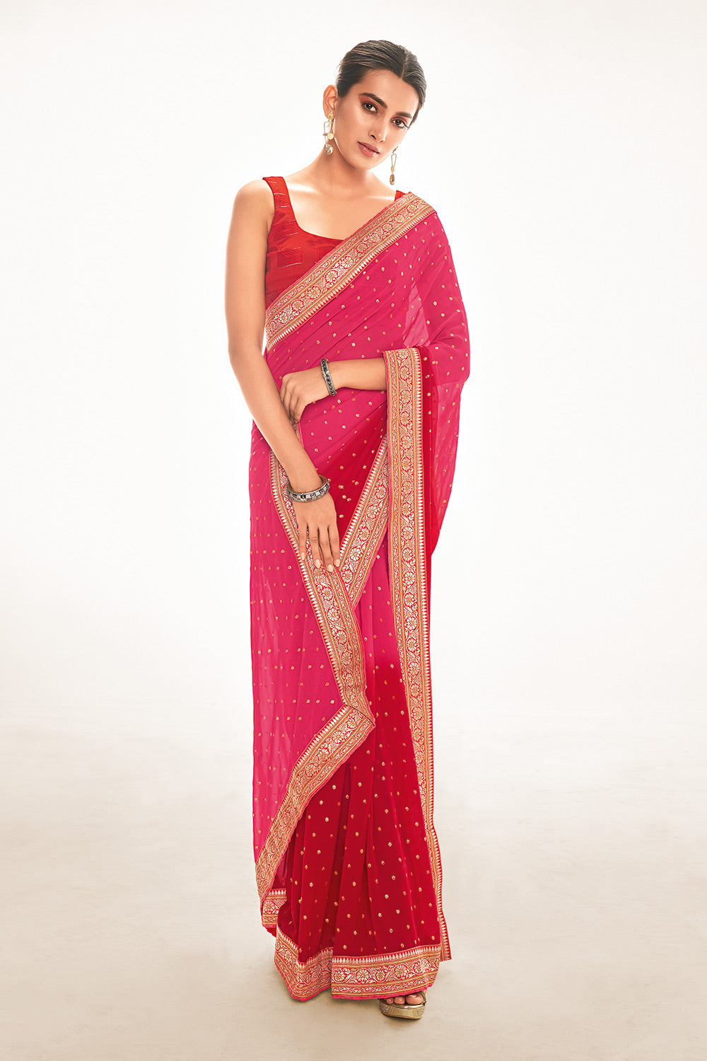 Buy MySilkLove Cerise Pink and Red Printed Georgette Saree Online