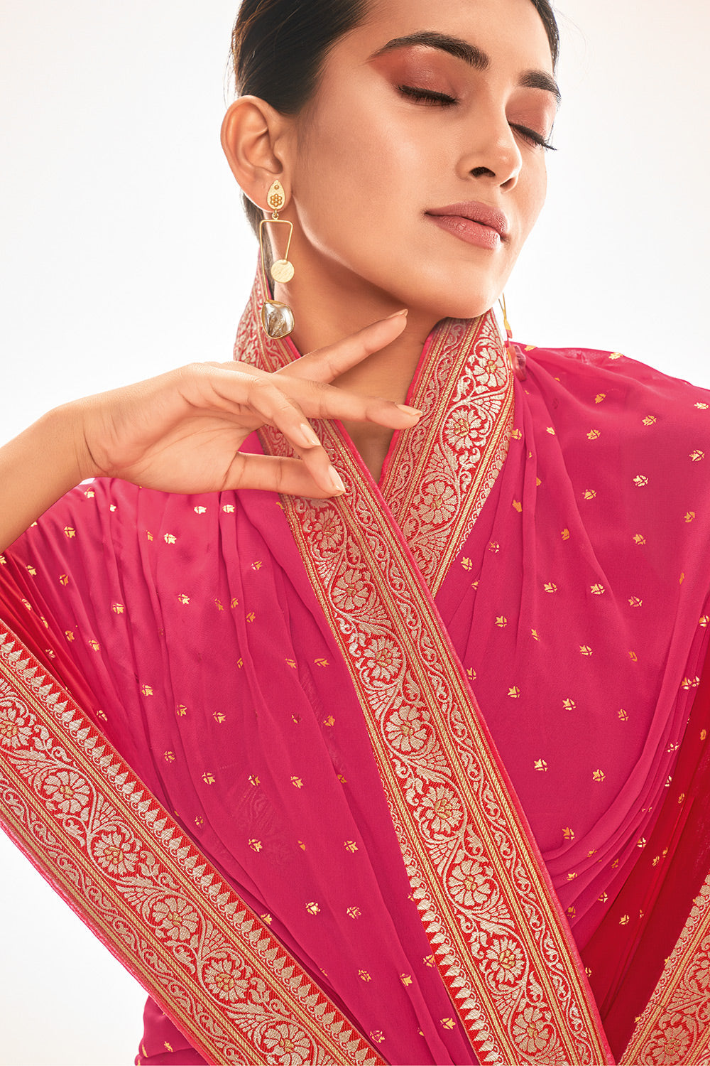 MySilkLove Cerise Pink and Red Printed Georgette Saree