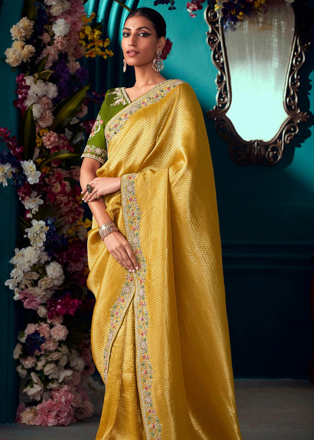 Buy MySilkLove Wattle Yellow Woven Embroidered Banarasi Silk Saree Online