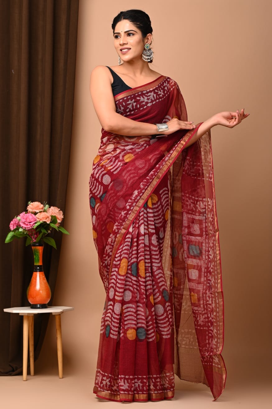 Buy MySilkLove Mexican Maroon Handblock Kota Doriya Saree Online