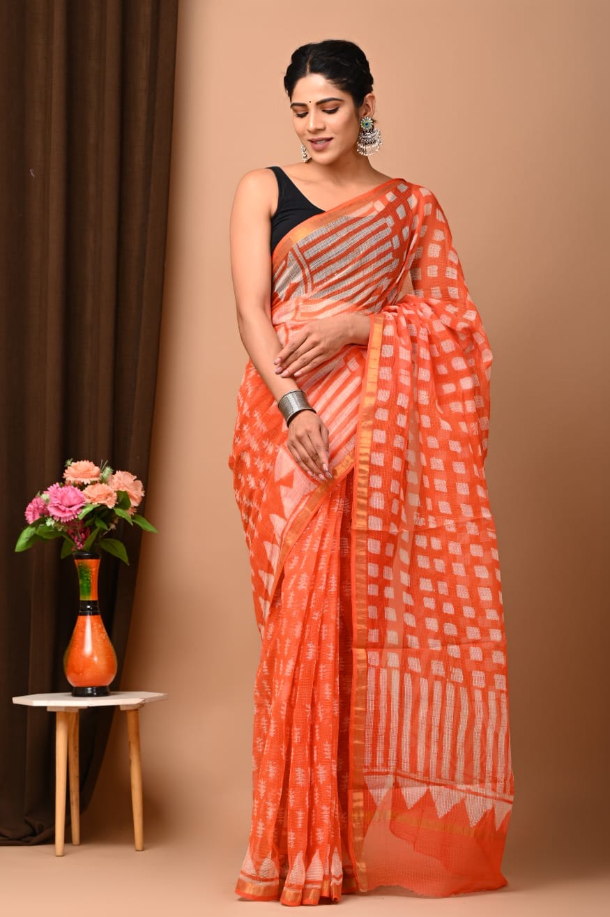 Buy MySilkLove Mandarin Orange Handblock Kota Doriya Saree Online