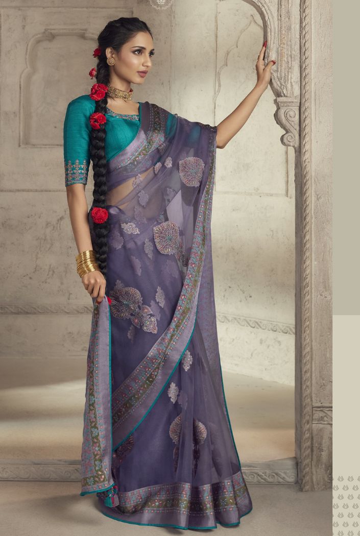 Buy MySilkLove Mulled Wine Blue Woven Organza Saree Online