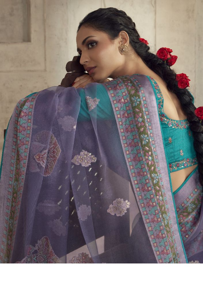 Buy MySilkLove Mulled Wine Blue Woven Organza Saree Online