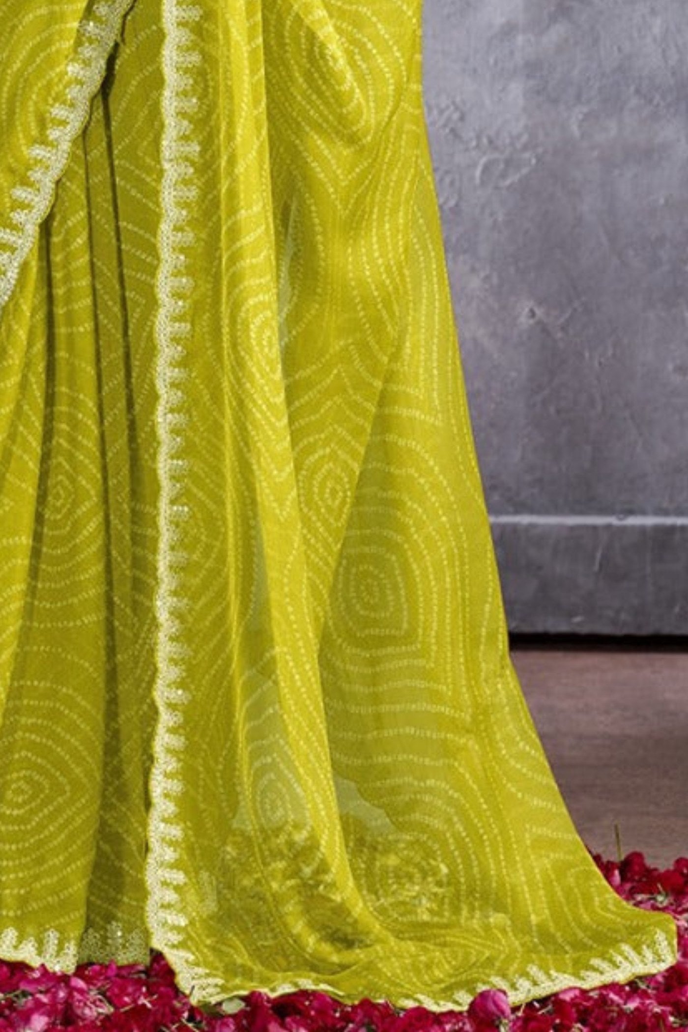 Buy MySilkLove Neon Yellow Designer Georgette Bandhani Saree Online