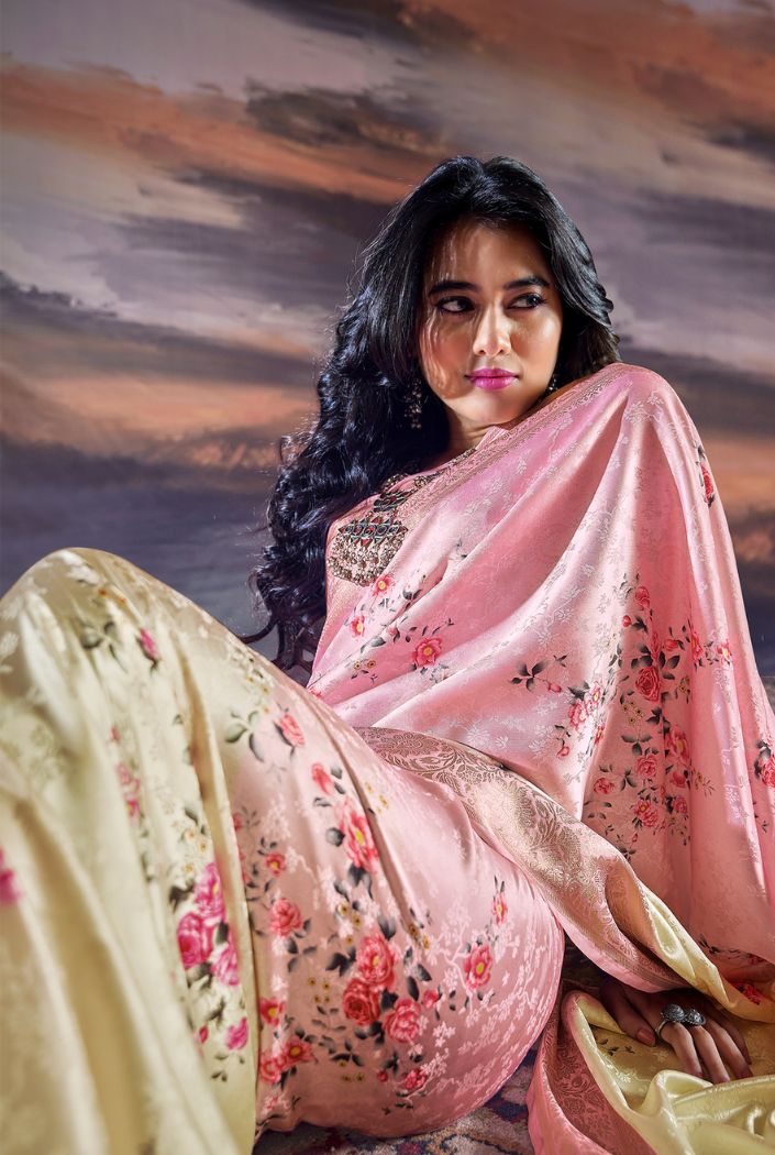 MySilkLove Illusion Pink and Cream Floral Digital Printed Saree