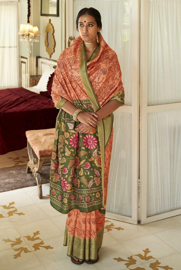 Buy MySilkLove Plum Peach and Green Printed Kalamakri Silk Saree Online