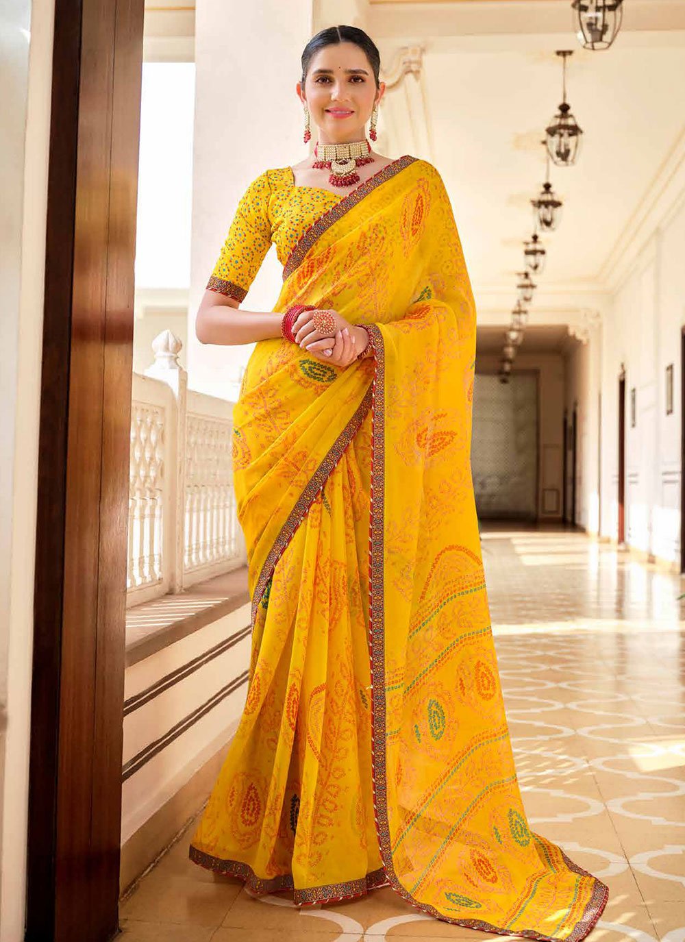 Buy MySilkLove Sea Buckthorn Yellow Chiffon Bandhani Saree Online