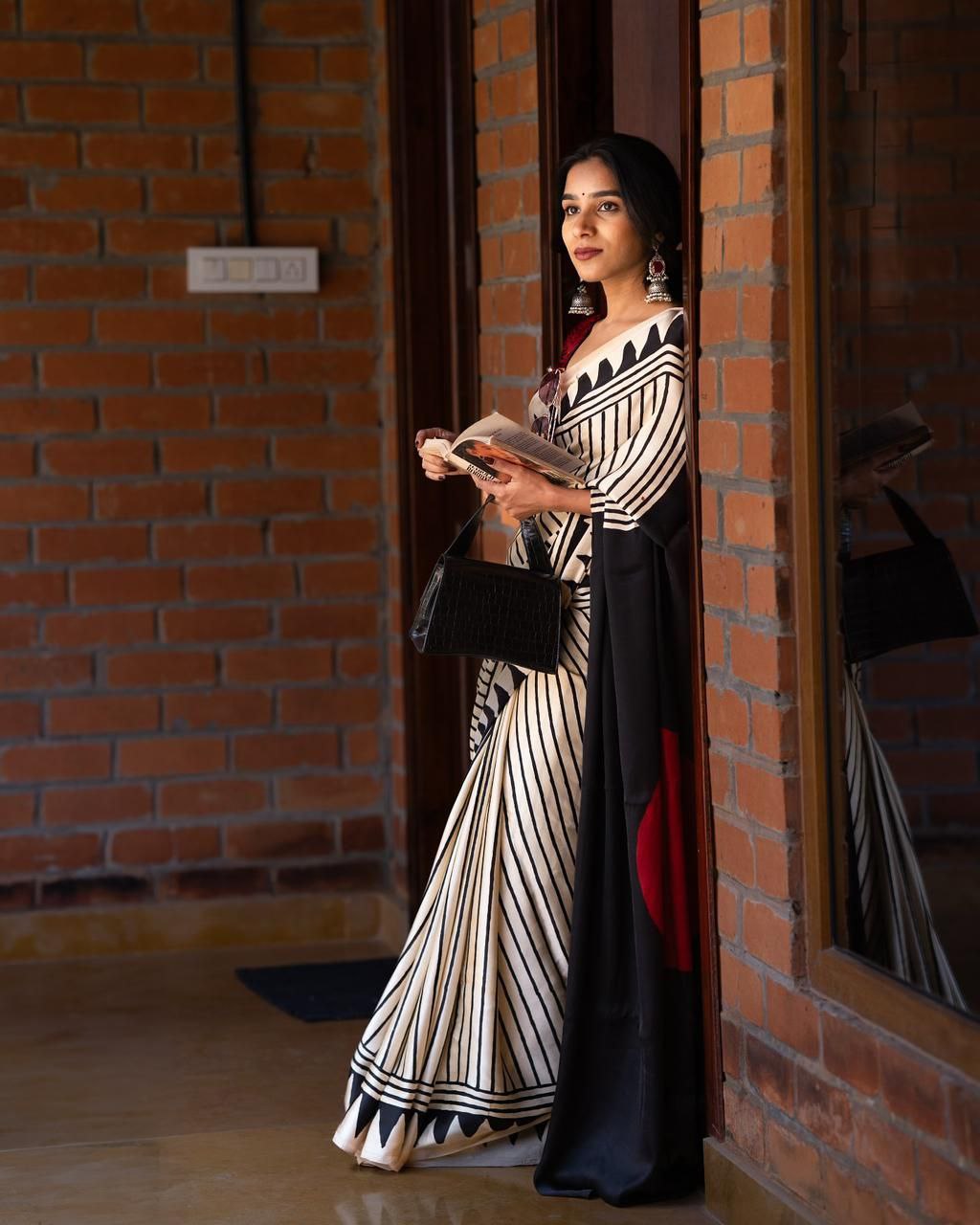 MySilkLove Pearl White and Black Ajrakh Printed Satin Crepe Silk Saree