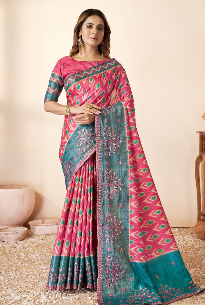 Buy MySilkLove Rani Pink and Blue Printed Banarasi Saree Online