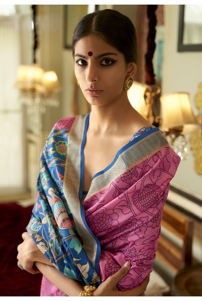 Buy MySilkLove Rani Pink Printed Kalamakri Silk Saree Online