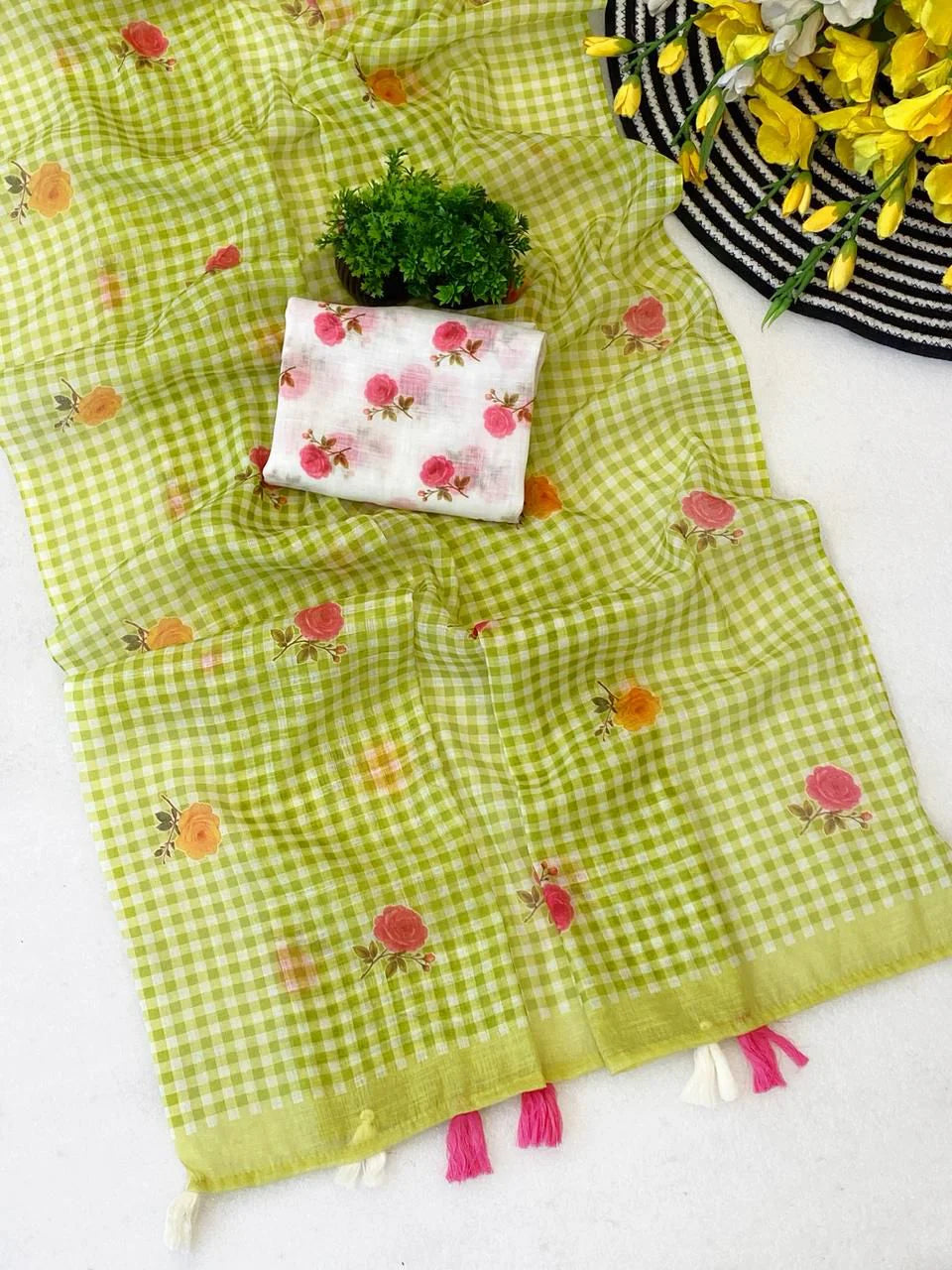 Buy MySilkLove Pista Green Soft Linen Cotton Pinted Saree Online