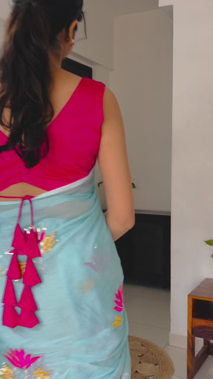 Buy MySilkLove Ocean Blue Pure Mul Mul Cotton Lotus Sequin Work Saree Online
