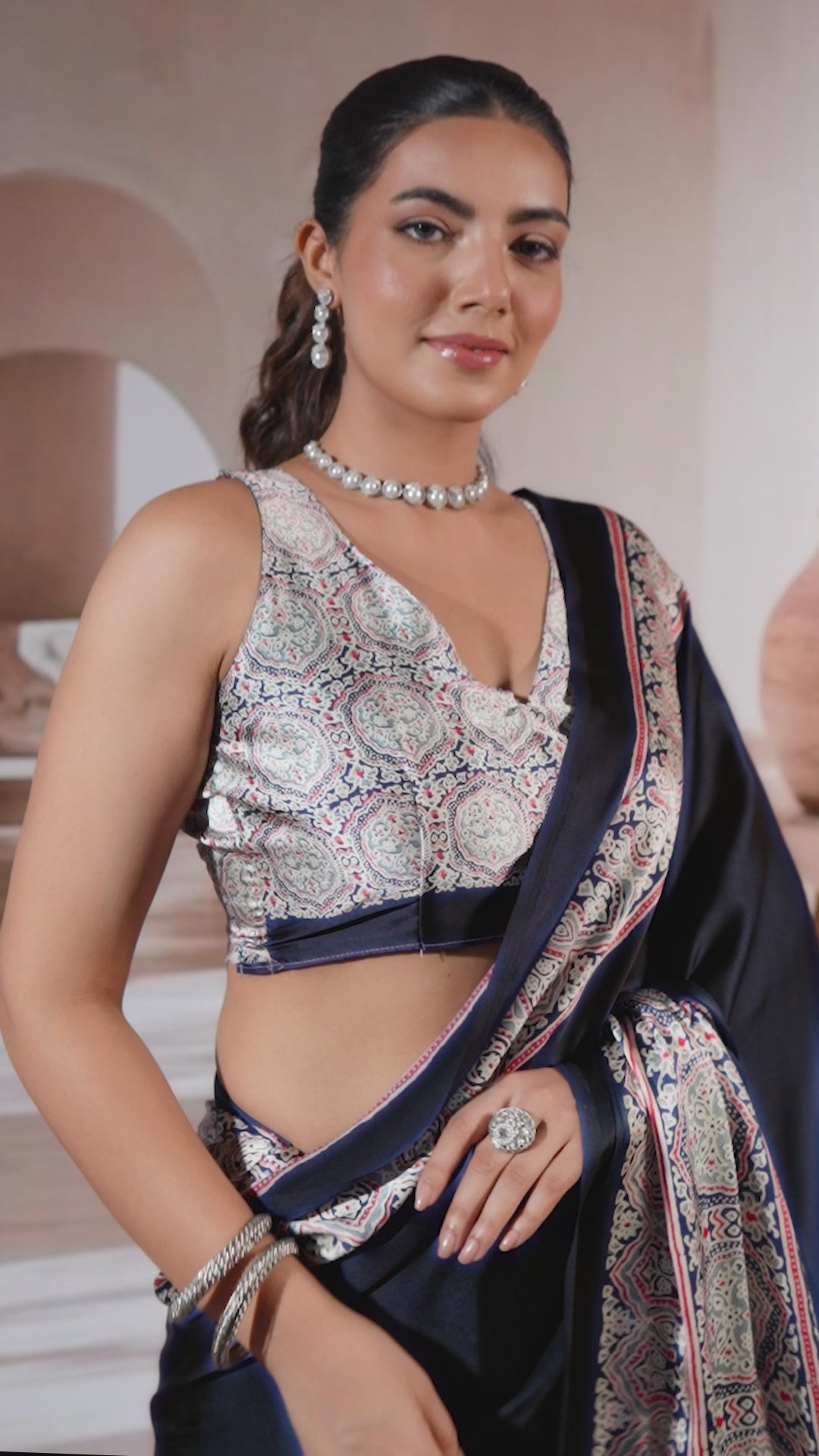 Buy MySilkLove Grease Black Ajrakh Printed Satin Crepe Silk Saree Online