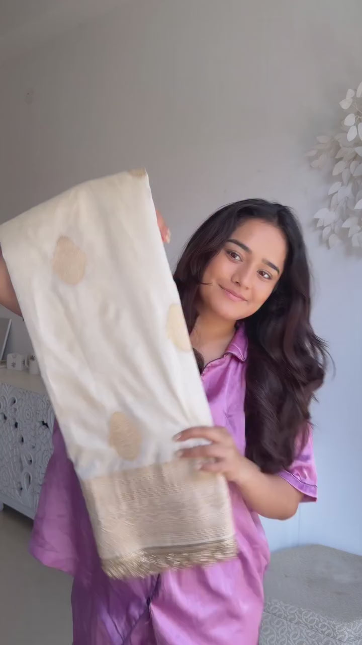 Buy MySilkLove Floral White Woven Banarasi Satin Silk Saree Online