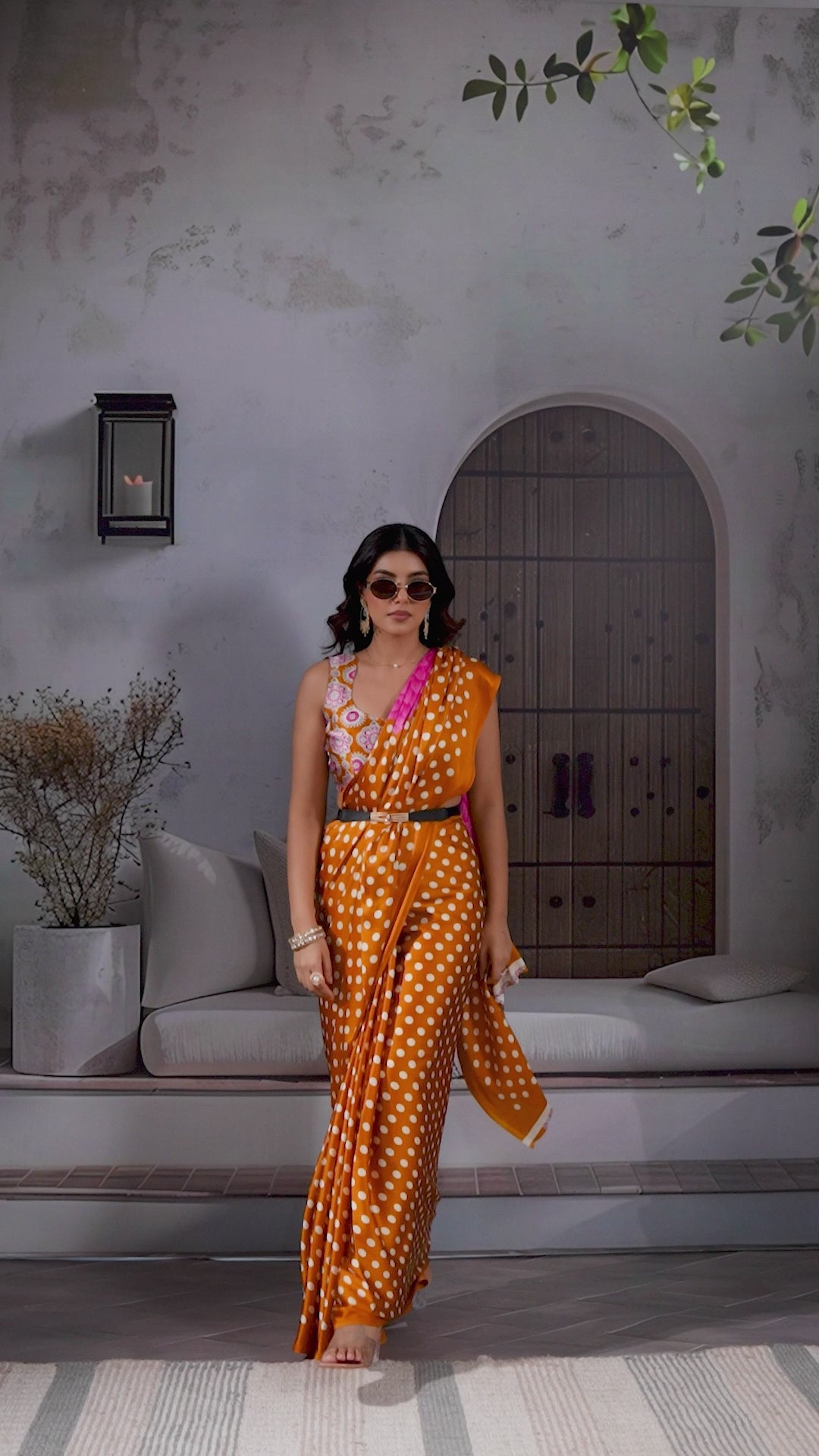 Buy MySilkLove Saffron Yellow Printed Polka Dots Satin Crepe Saree Online