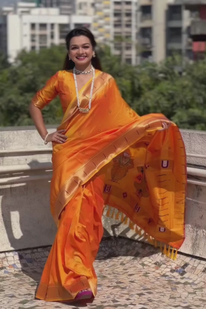 Buy MySilkLove Neon Orange Woven Paithani Saree Online