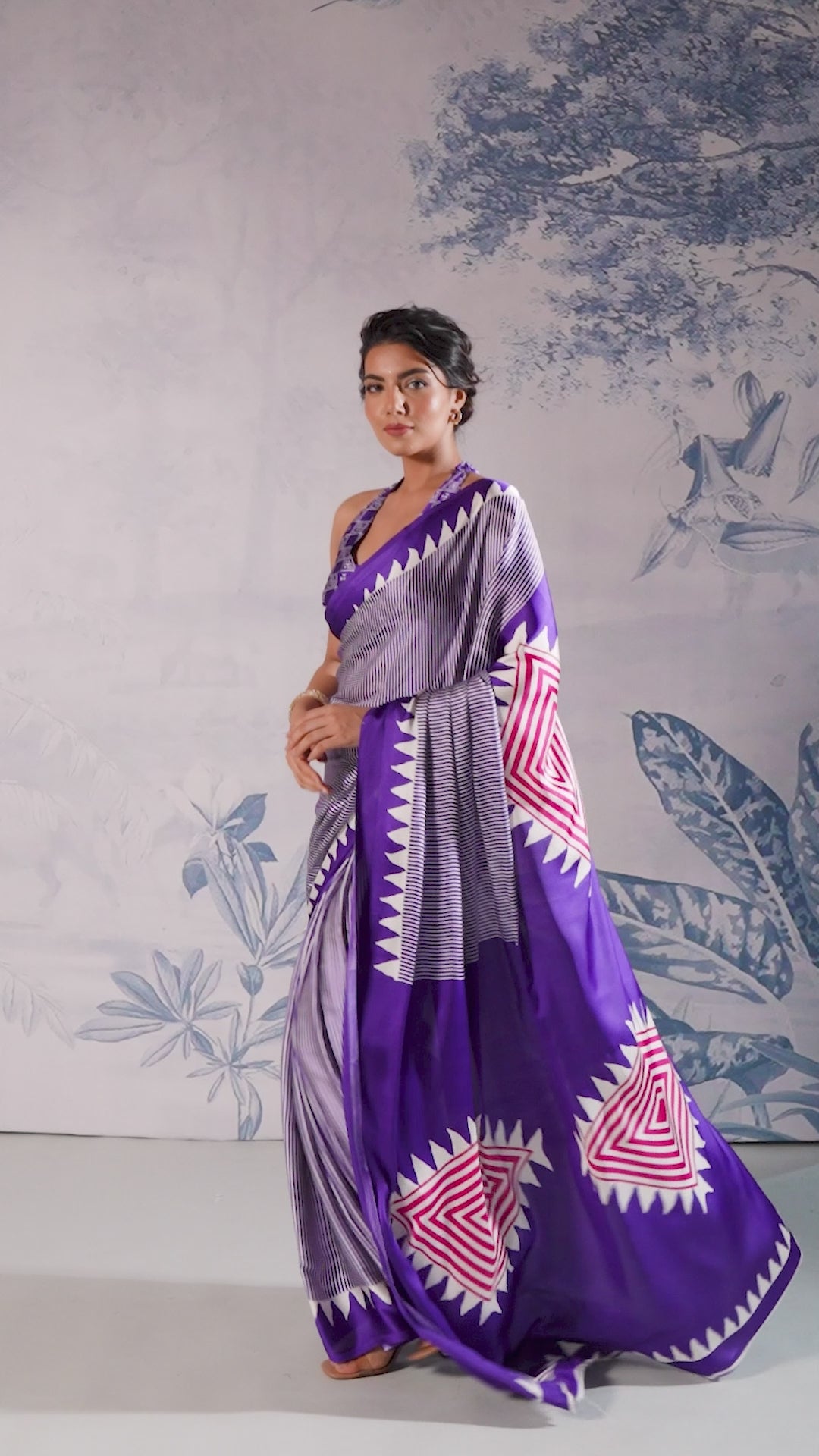 Buy MySilkLove Amatista Purple Stripe Ajrakh Printed Satin Crepe Silk Saree Online