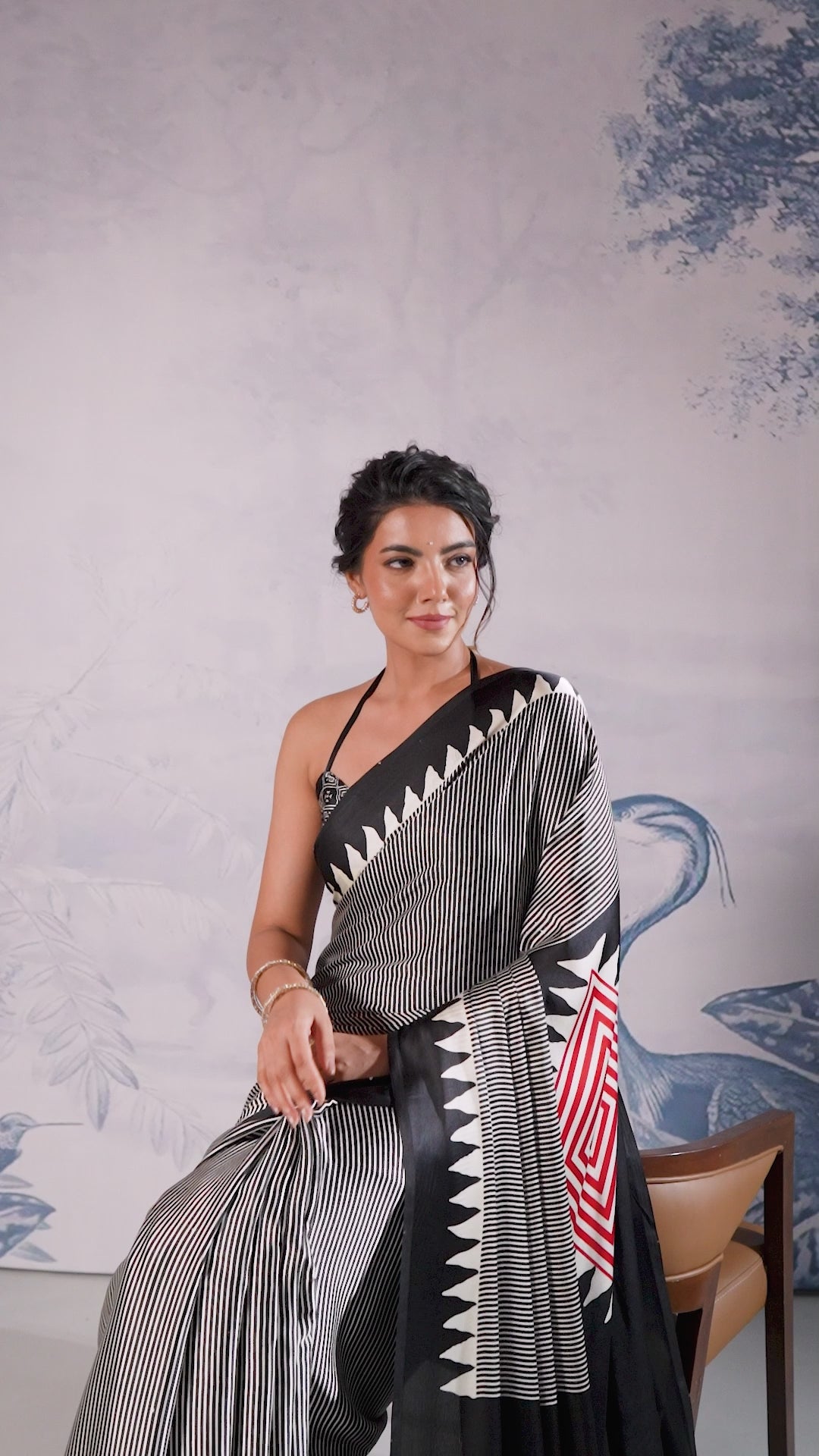 Buy MySilkLove Melanie Black Stripe Ajrakh Printed Satin Crepe Silk Saree Online