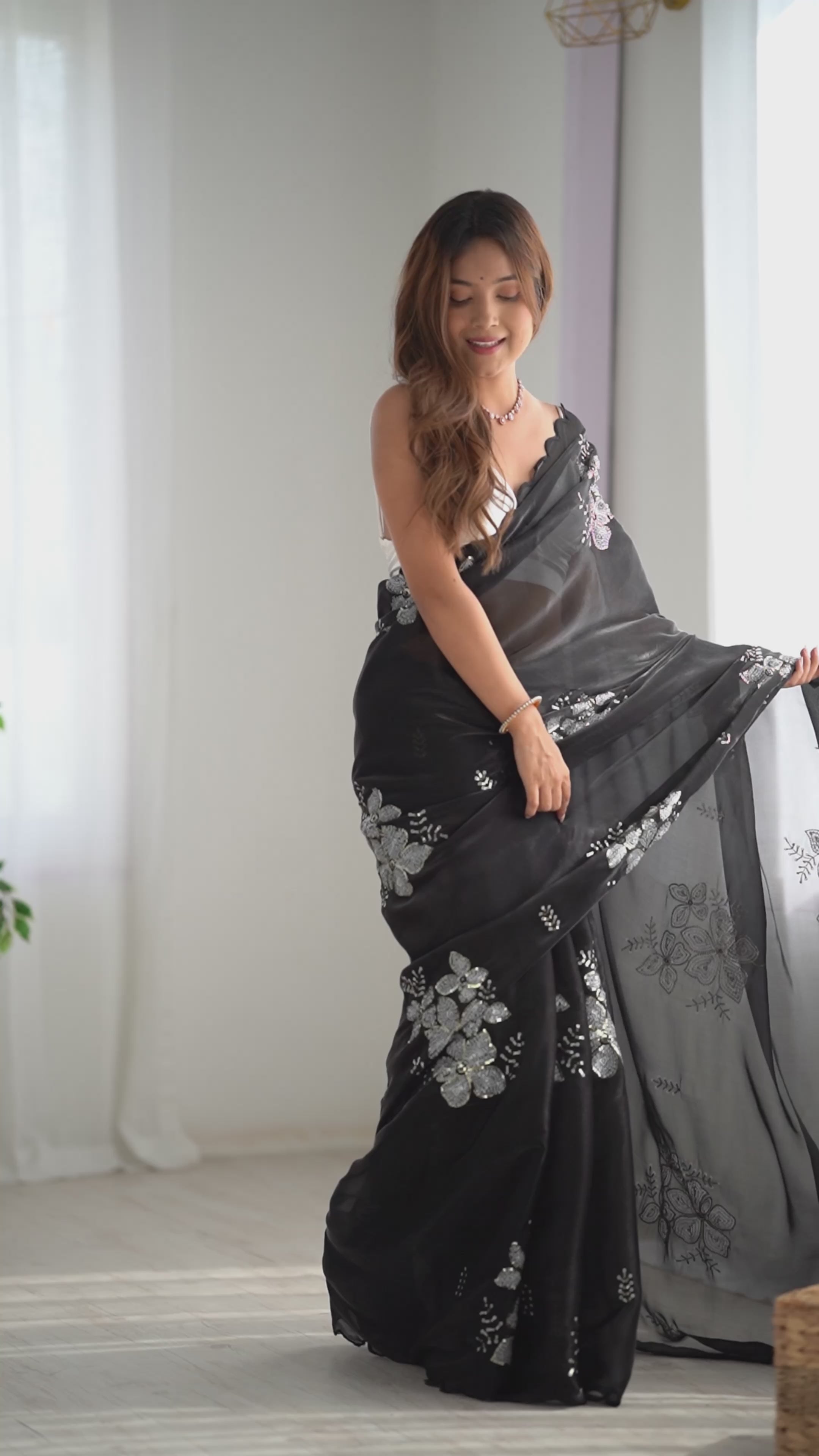 Buy MySilkLove Carbon Black Floral Partywear Saree Online