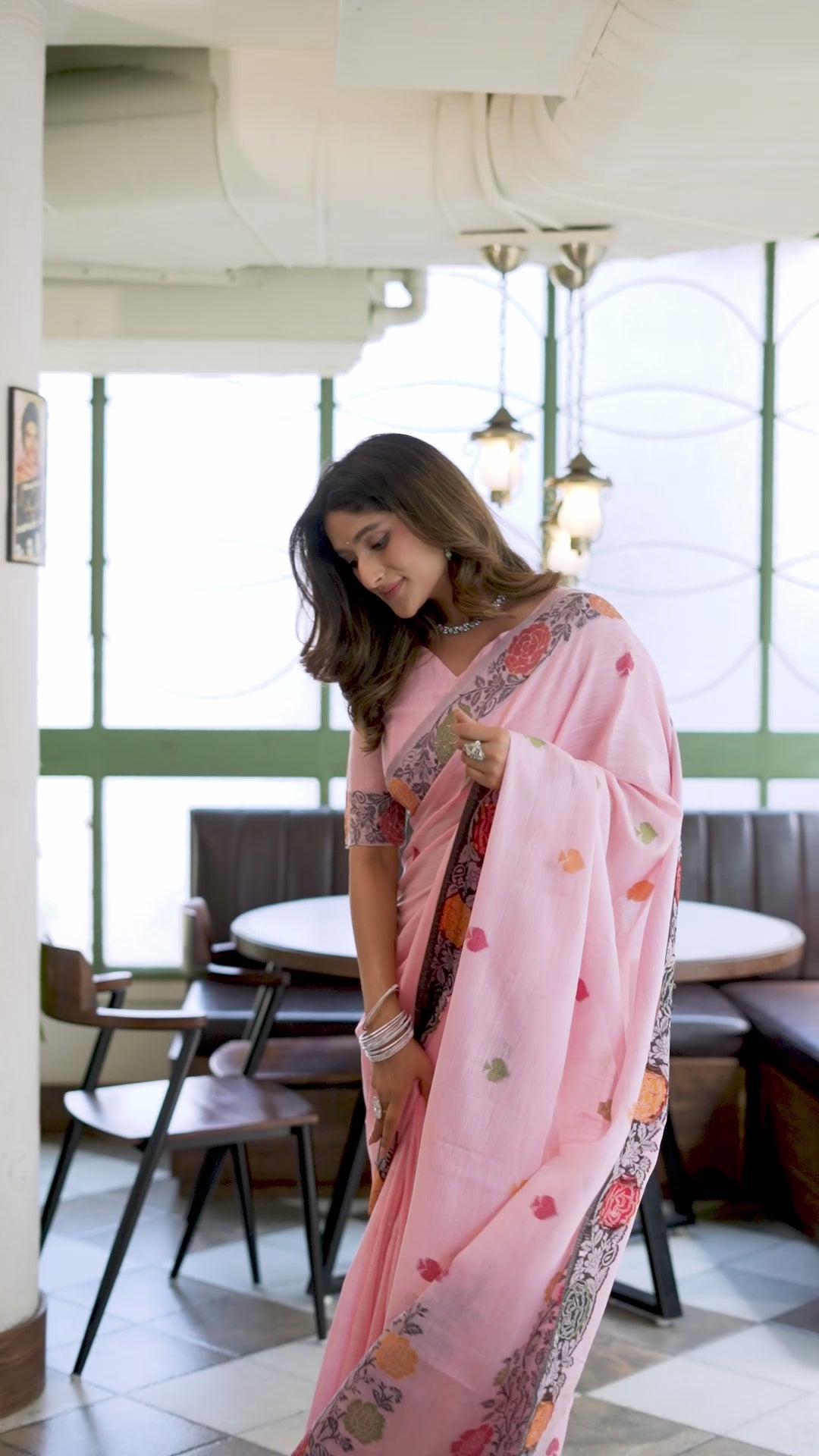 Buy MySilkLove Pastel Pink Floral Handloom Linen Saree Online