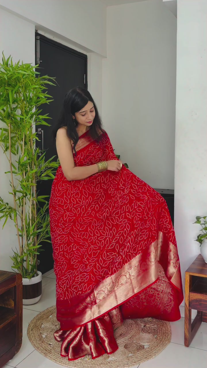 Buy MySilkLove Canary Red Bandhani Zari Woven Silk Saree Online