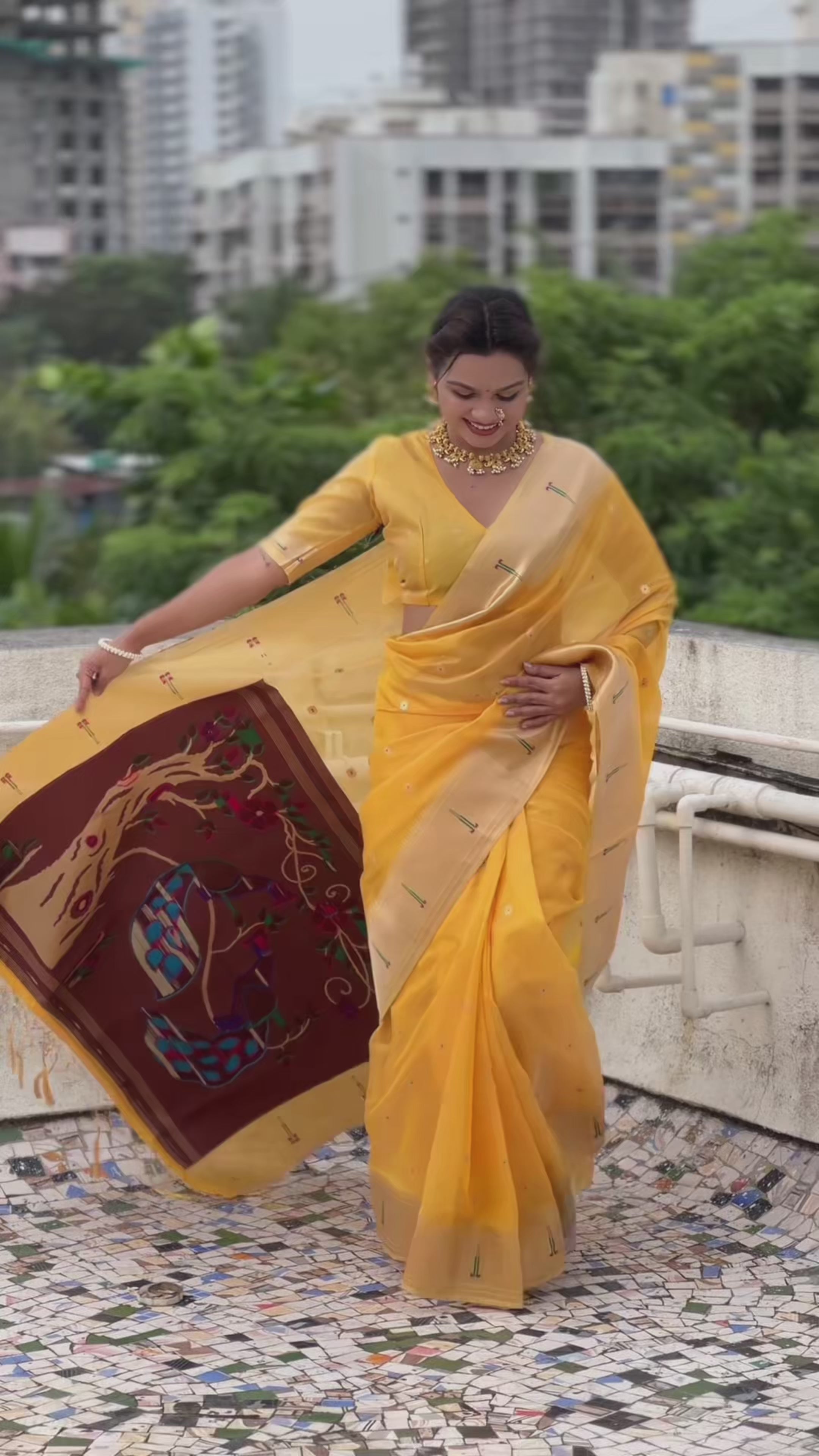 Buy MySilkLove Amber Yellow Organza Woven Paithani Saree Online