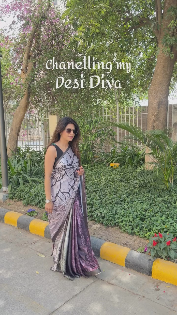 Buy MySilkLove Cadet Grey Printed Satin Silk Saree Online