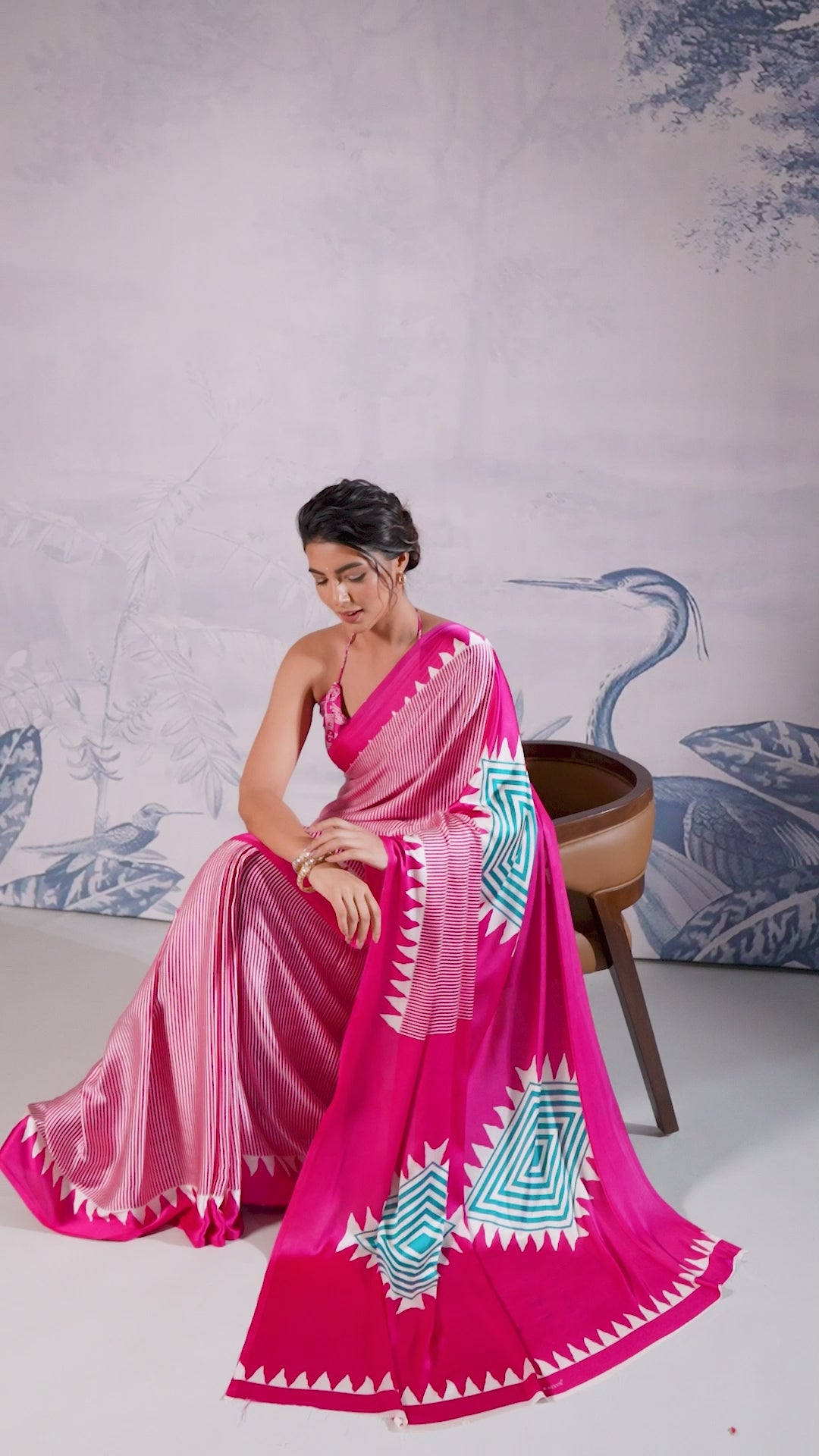 Buy MySilkLove Erica Pink Stripe Ajrakh Printed Satin Crepe Silk Saree Online