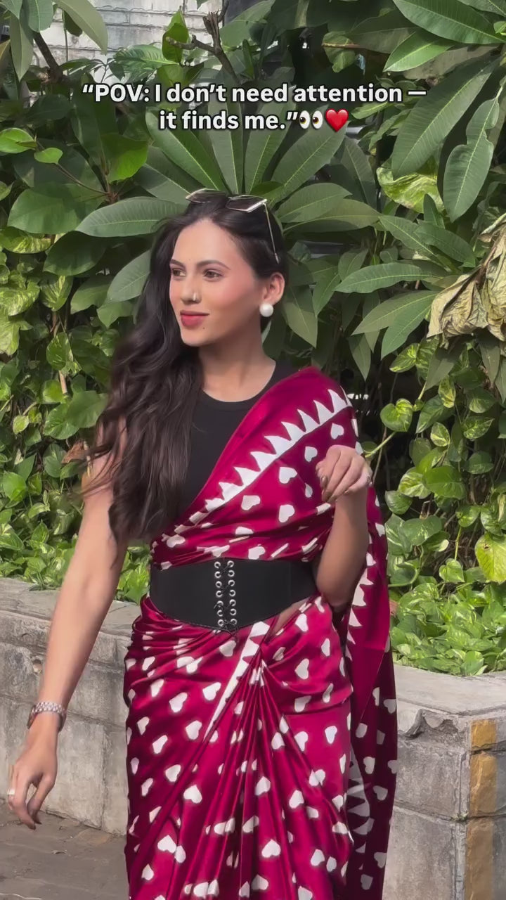 Buy MySilkLove Valentine's Day Special : Geranium Red Heart Shaped Printed Satin Crepe Silk Saree Online