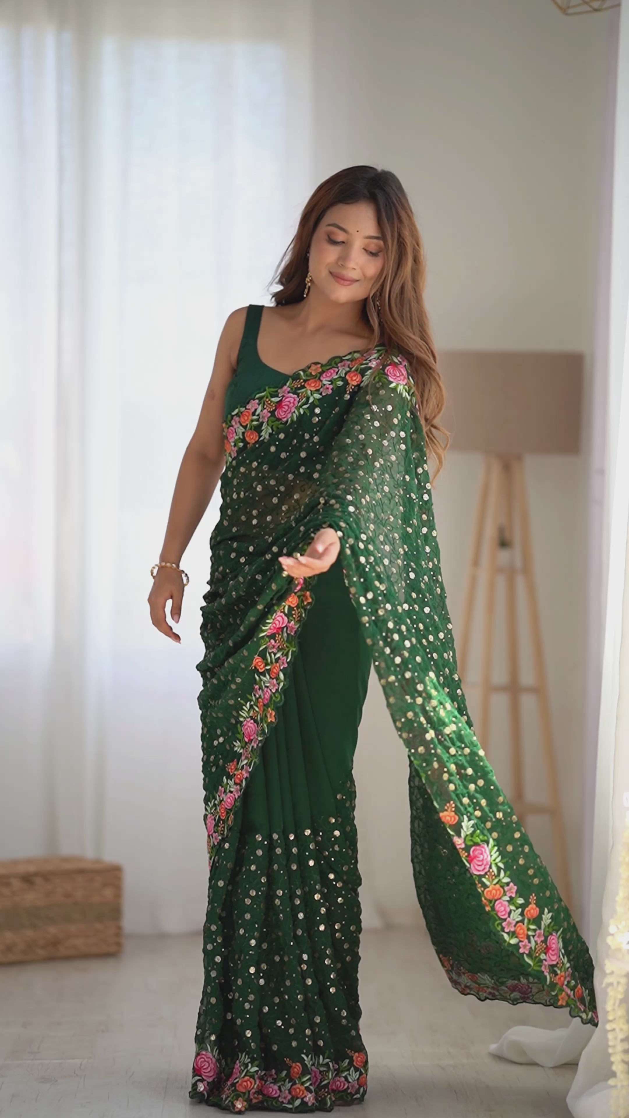 Buy MySilkLove Basil Green Embroidered Georgette Saree Online