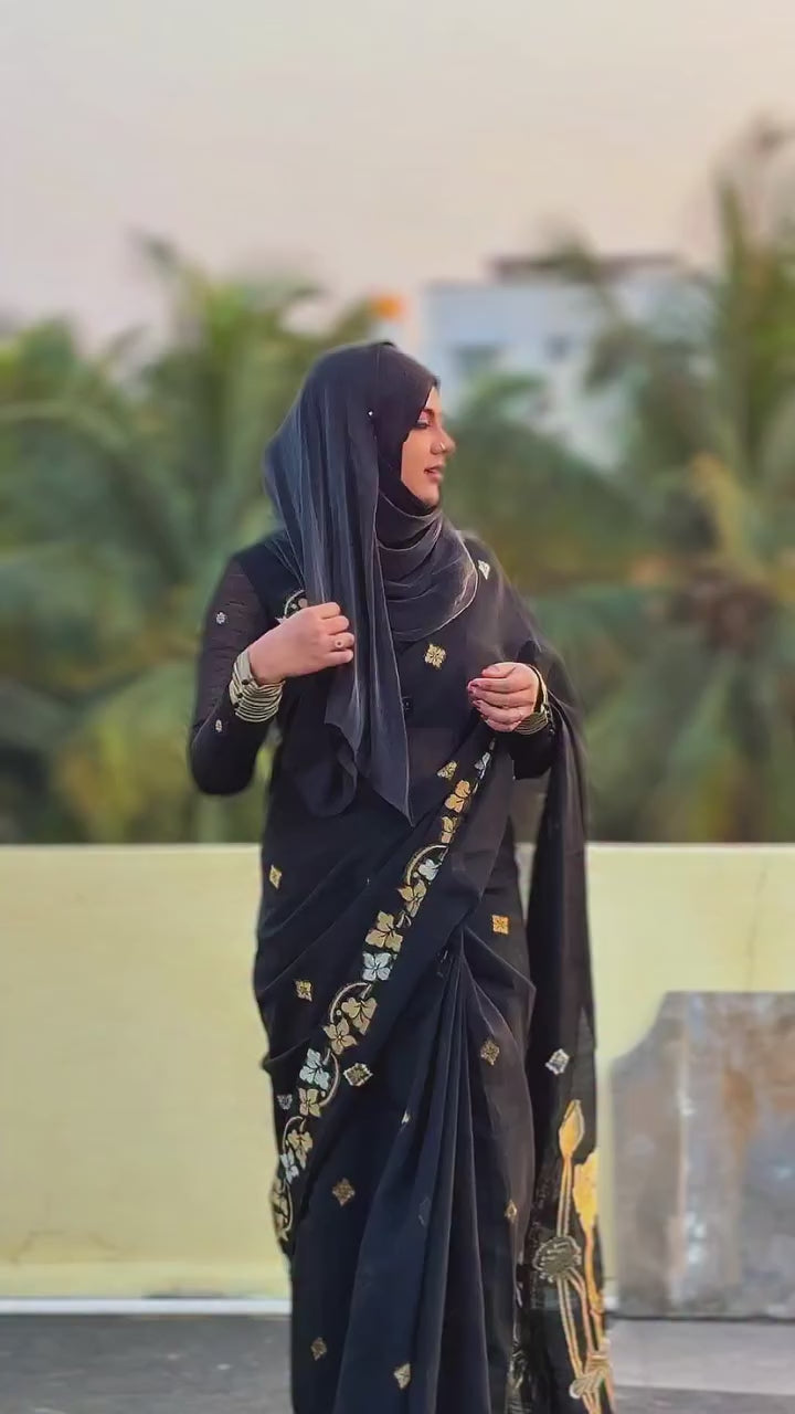 Buy MySilkLove Vanta Black Floral Linen Silk Saree Online