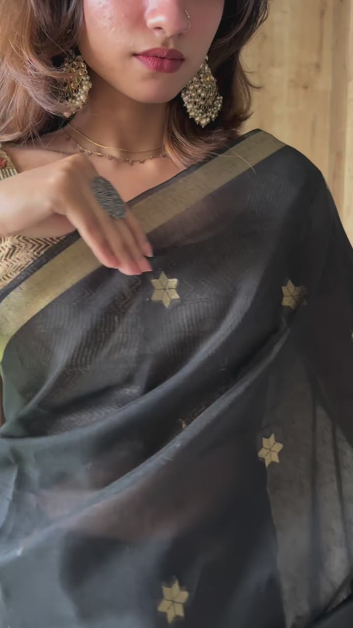 Buy MySilkLove Ace Black Handloom Muga Cotton Saree Online