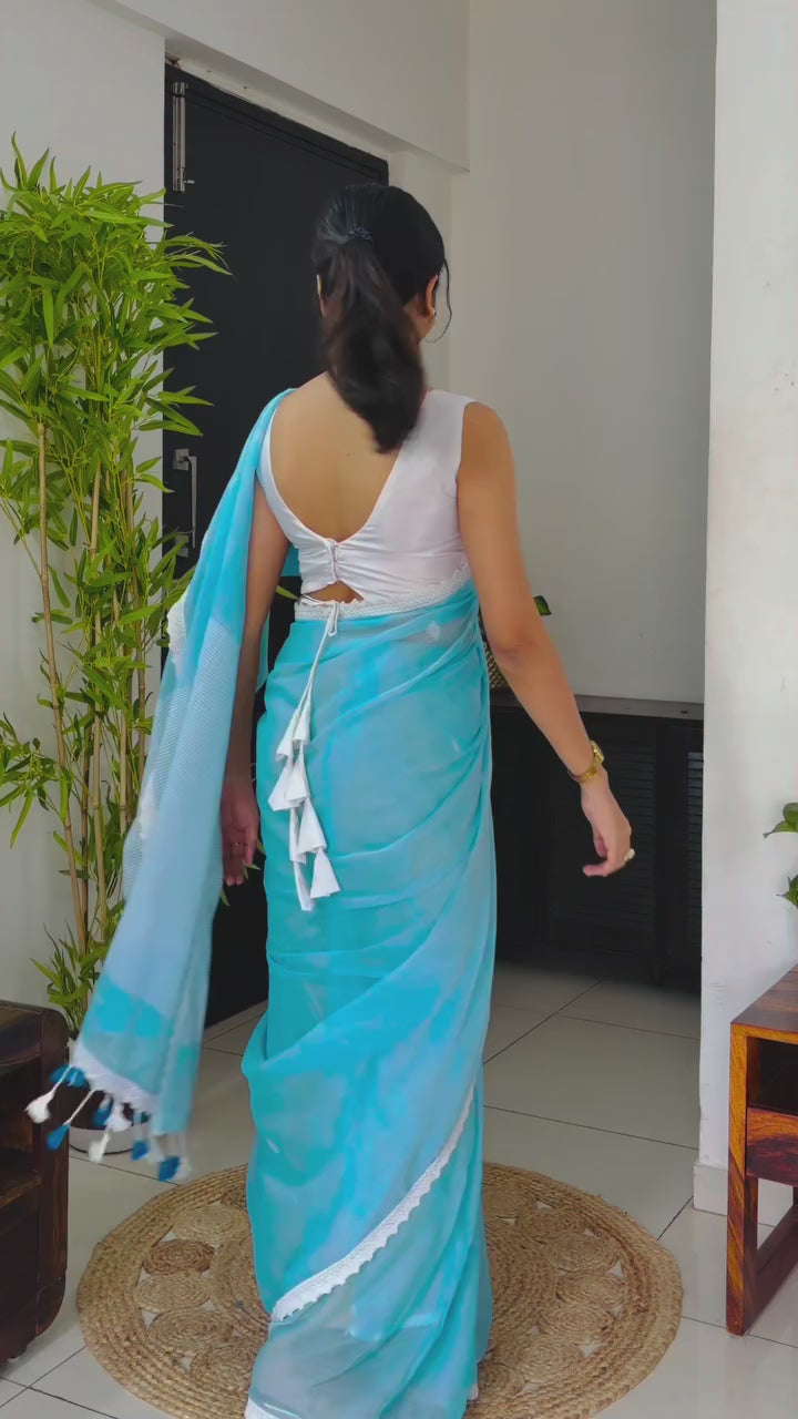 Buy MySilkLove Water Blue Pure Mul Mul Cotton With White Lace Saree Online