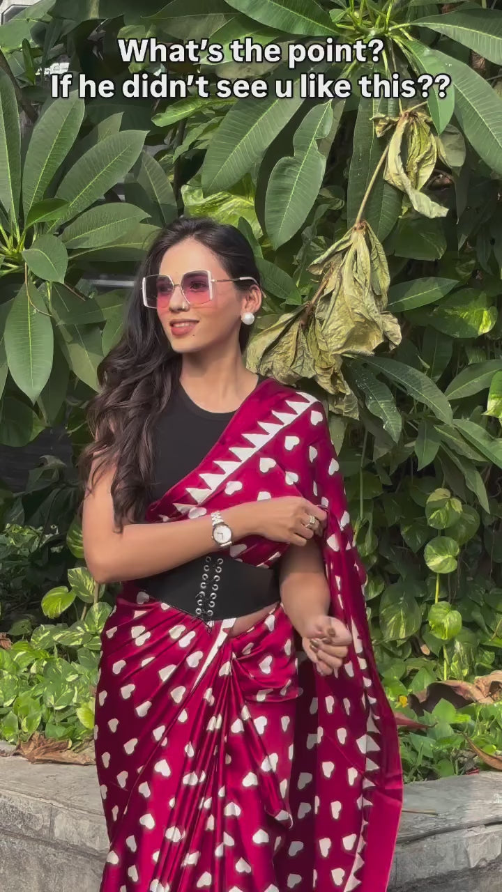 Buy MySilkLove Cherry Red Heart Shaped Printed Satin Crepe Silk Saree Online