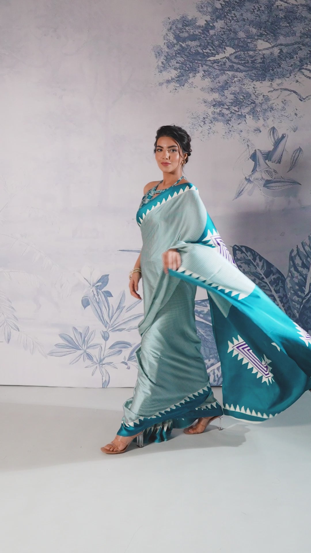 Buy MySilkLove Isla Blue Stripe Ajrakh Printed Satin Crepe Silk Saree Online