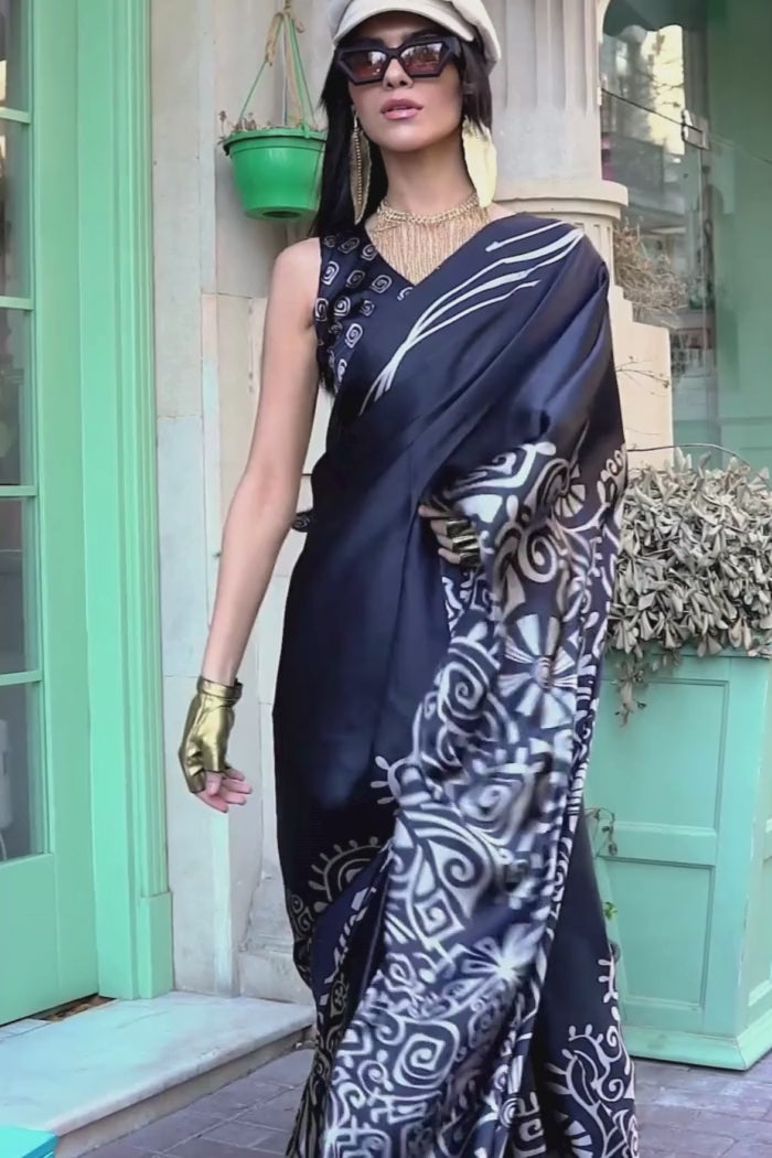 Buy MySilkLove Pitch Black Printed Satin Crepe Silk Saree Online