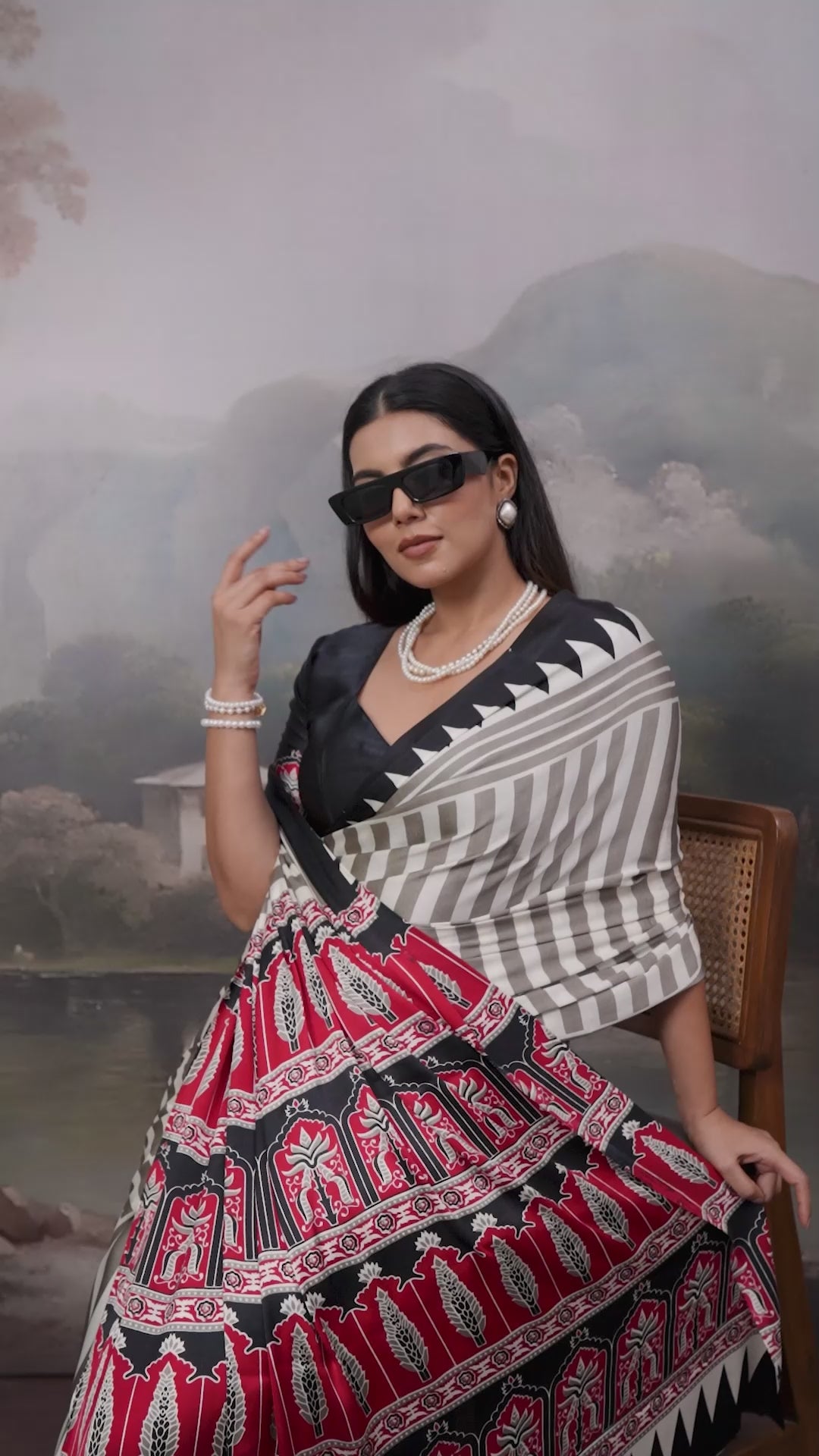 Buy MySilkLove Cornsilk White and Black Ajrakh Printed Satin Crepe Silk Saree Online