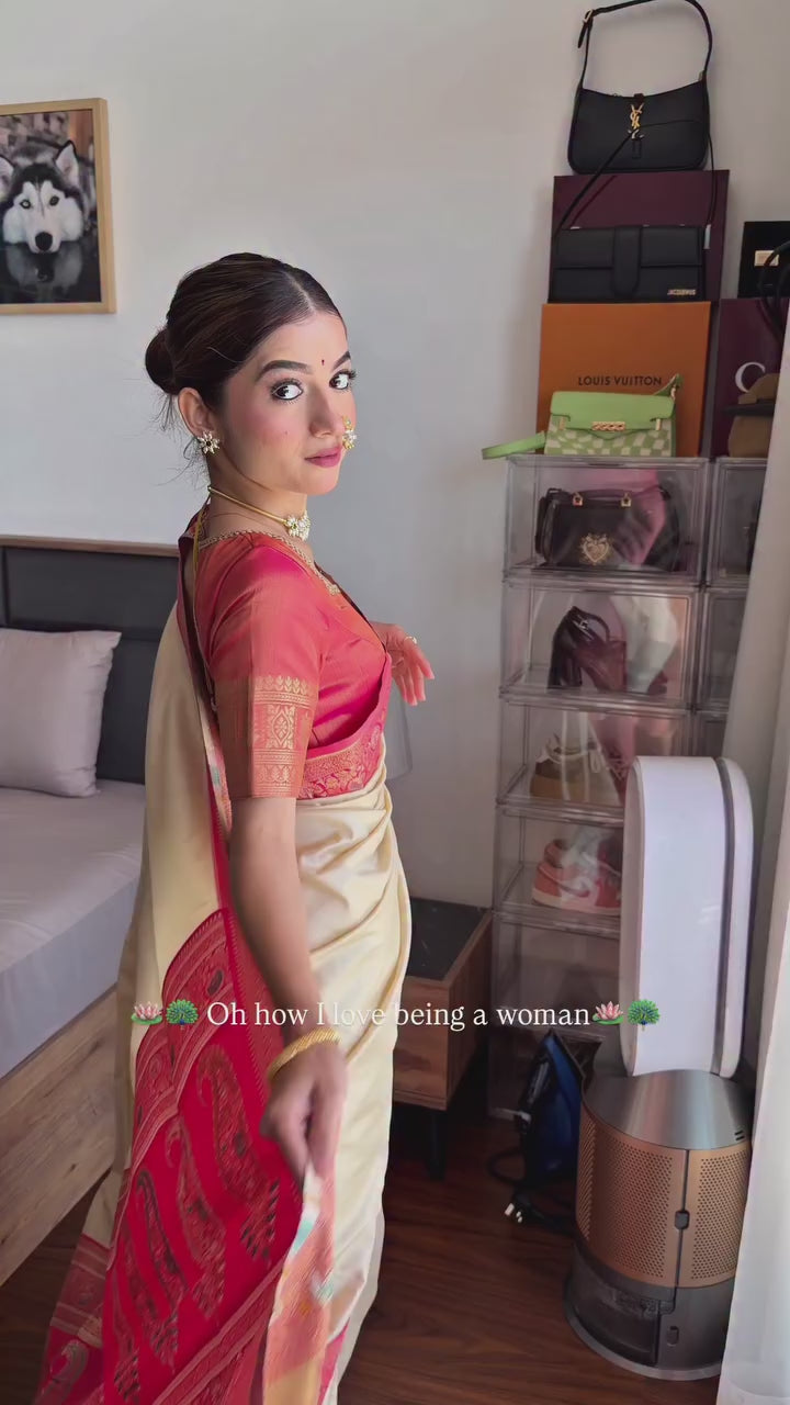 Buy MySilkLove Milky Cream Woven Banarasi Soft Silk Saree Online