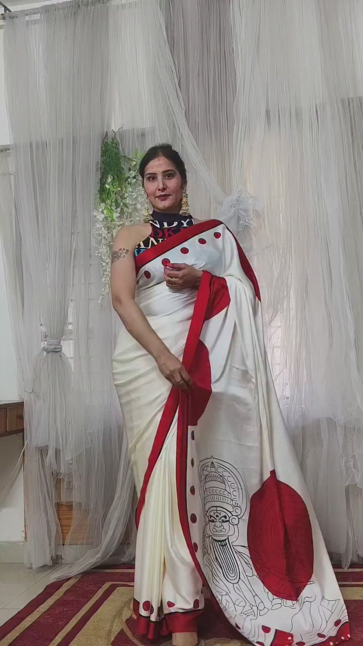 Buy MySilkLove Foggy White and Red Printed Satin Crepe Silk Saree Online