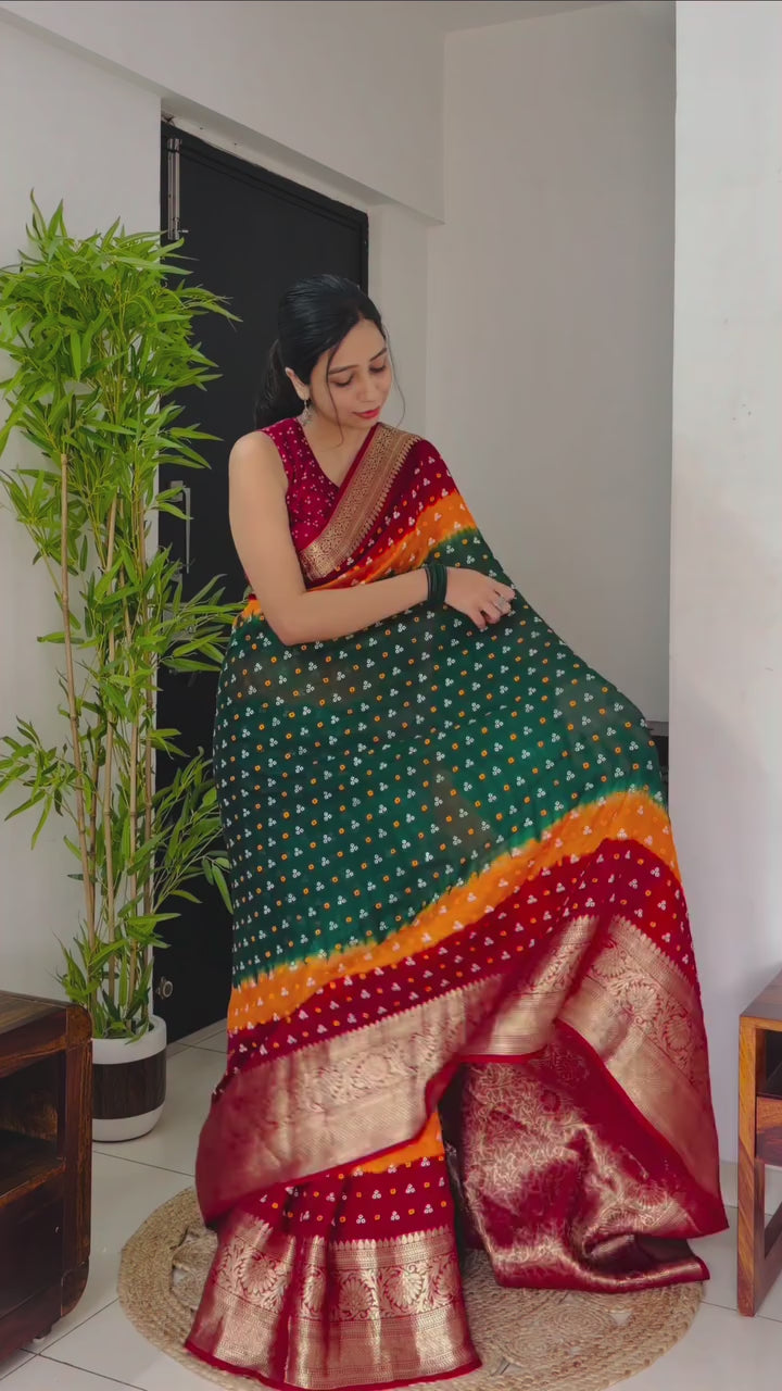 Buy MySilkLove Hunter Green and Orange Bandhani Zari Woven Silk Saree Online