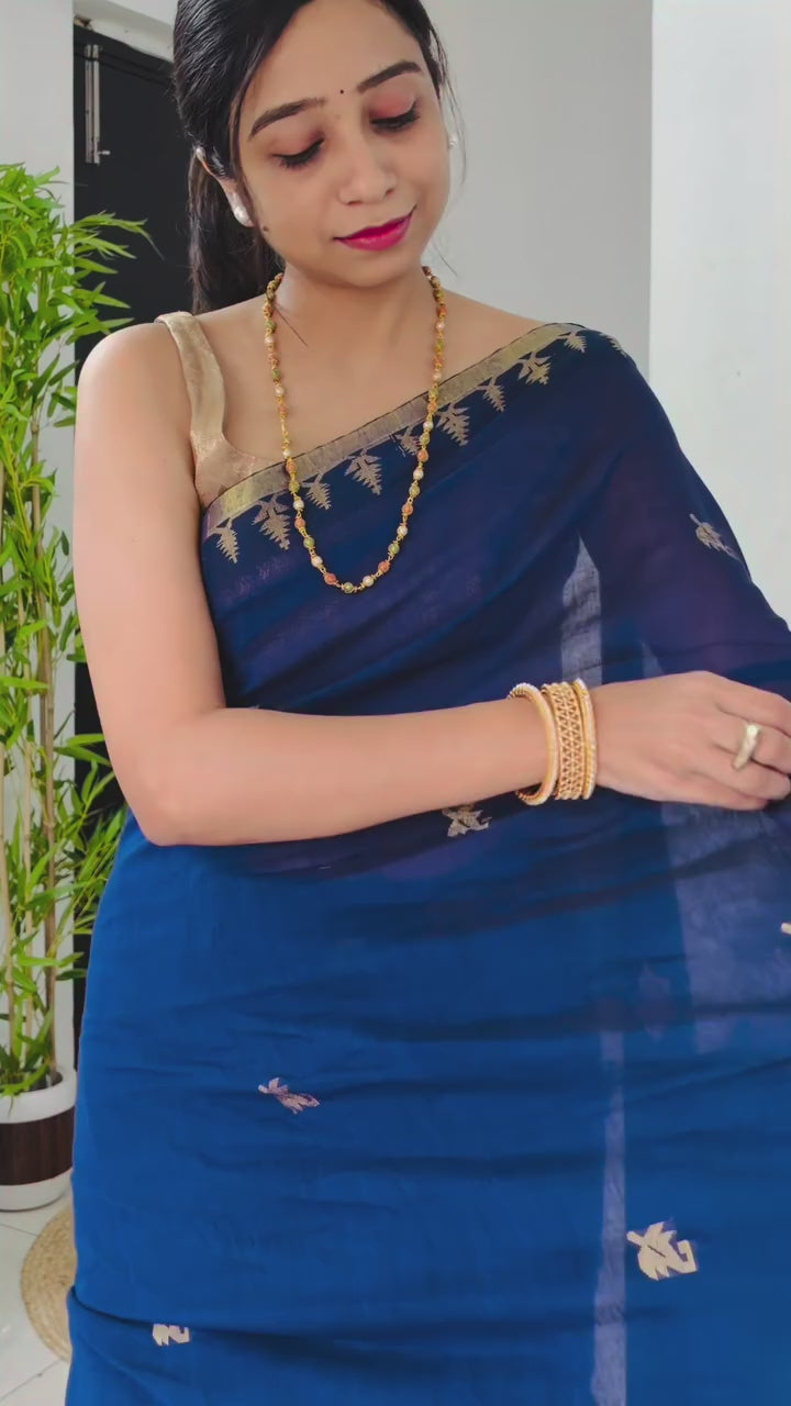 Buy MySilkLove Capri Blue Mul Mul Cotton Zari Woven Saree Online