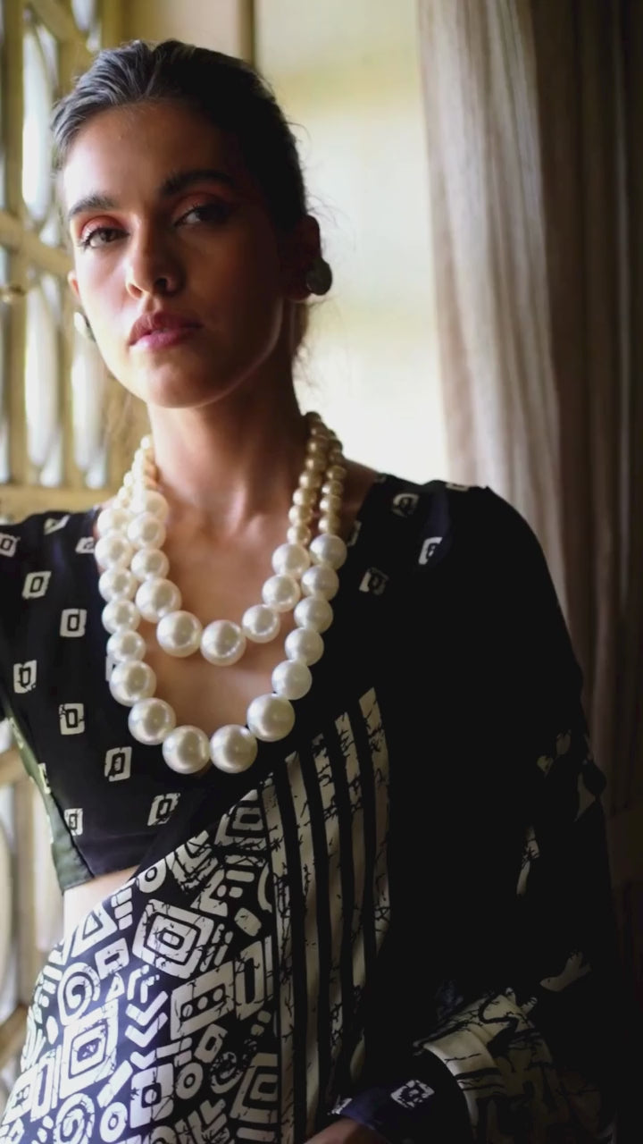 Buy MySilkLove Ink Black and White Printed Satin Crepe Silk Saree Online