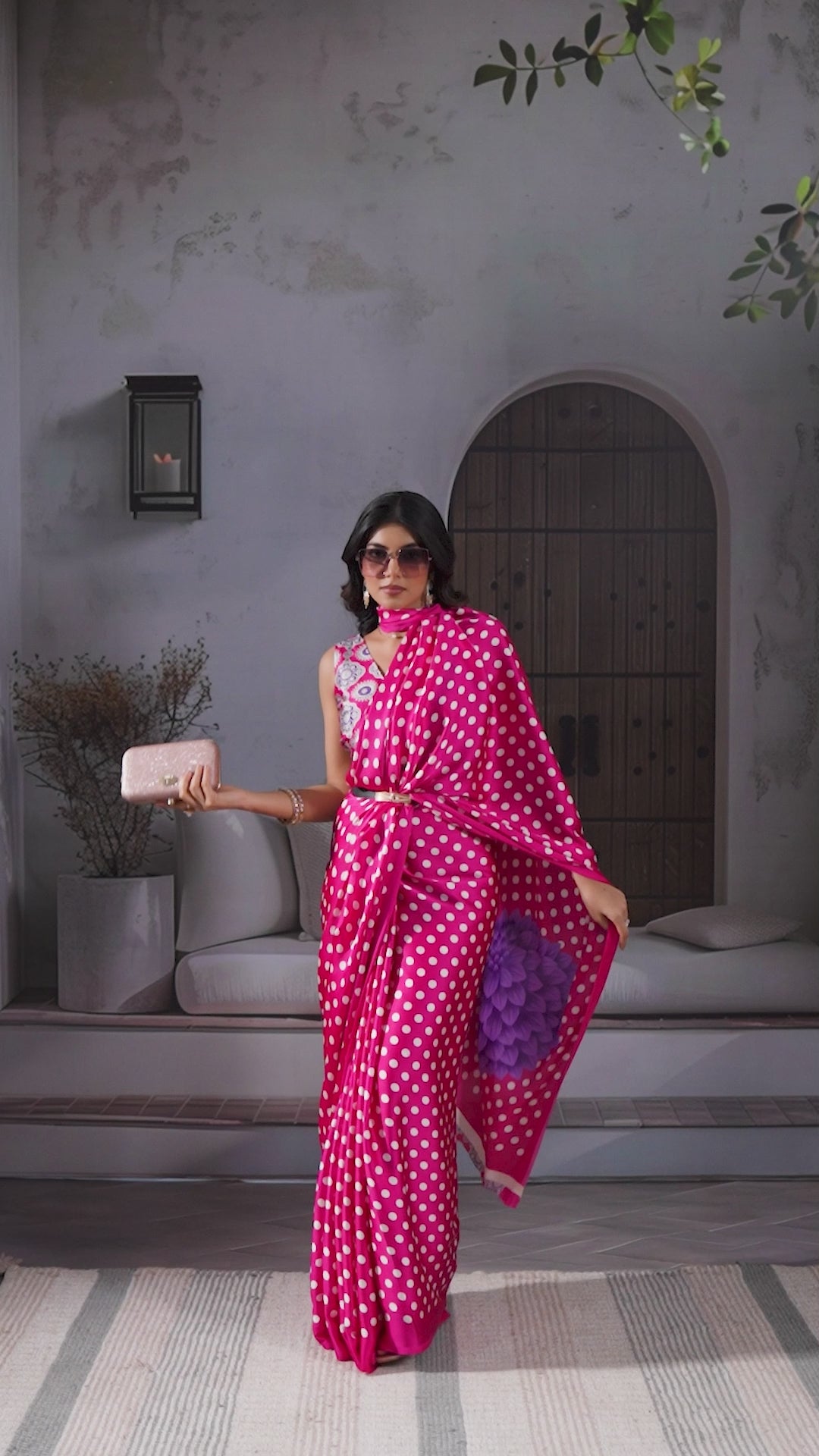 Buy MySilkLove Periwinkle Pink Printed Polka Dots Satin Crepe Saree Online