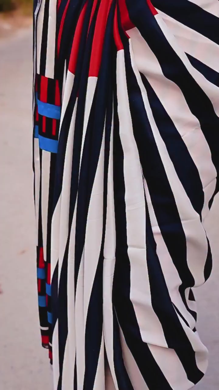 Buy MySilkLove Aced Black and White Stripes Printed Satin Crepe Silk Saree Online