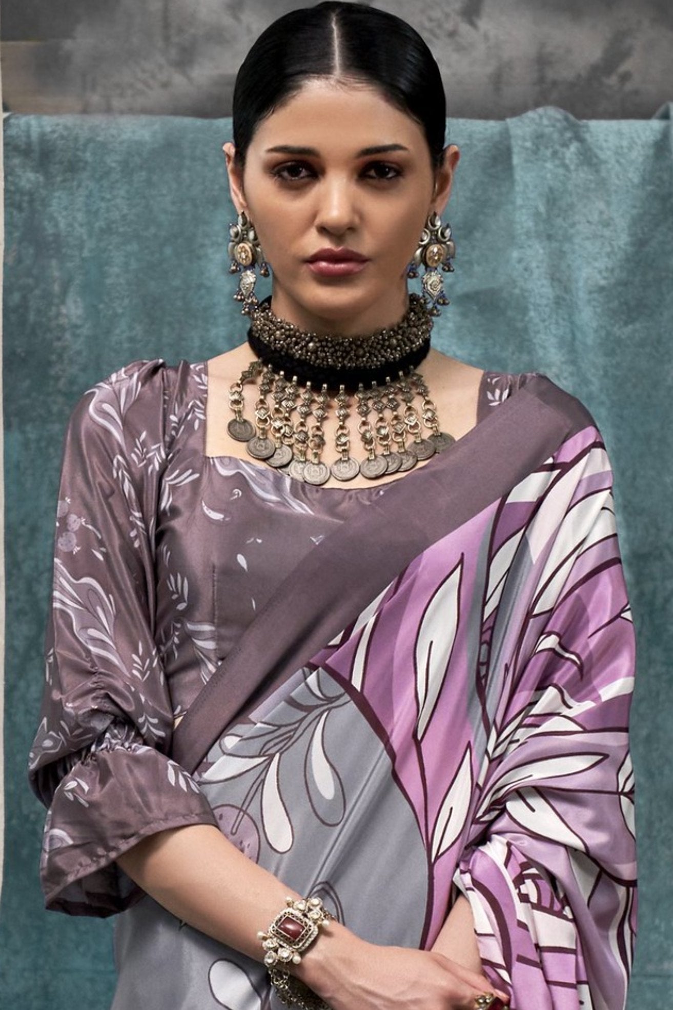 Buy MySilkLove Jumbo Grey and Purple Printed Satin Crepe Sarees Online