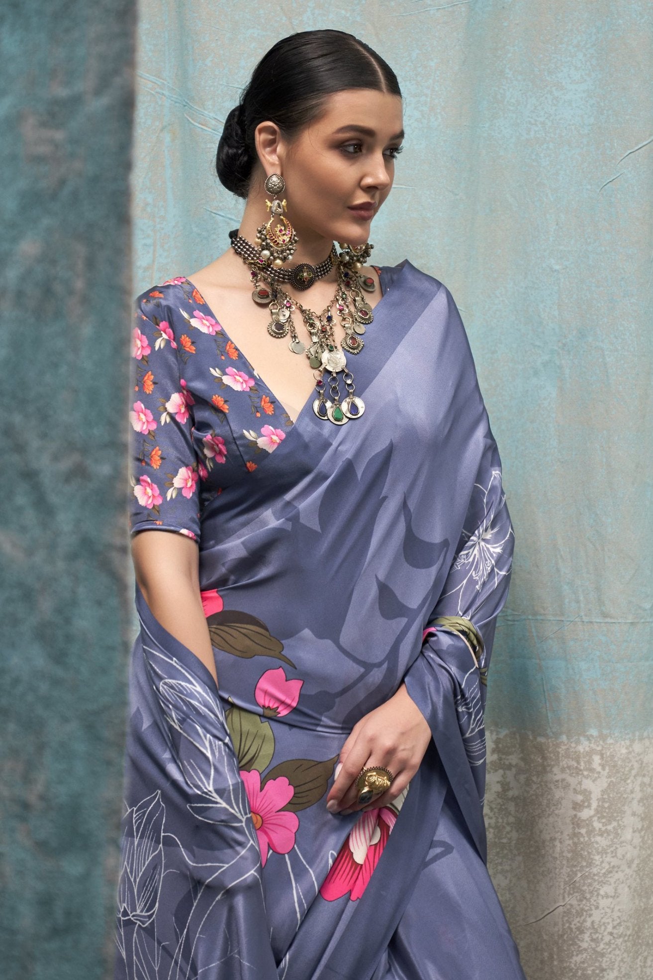 MySilkLove Periwinkle Grey Printed Satin Crepe Sarees