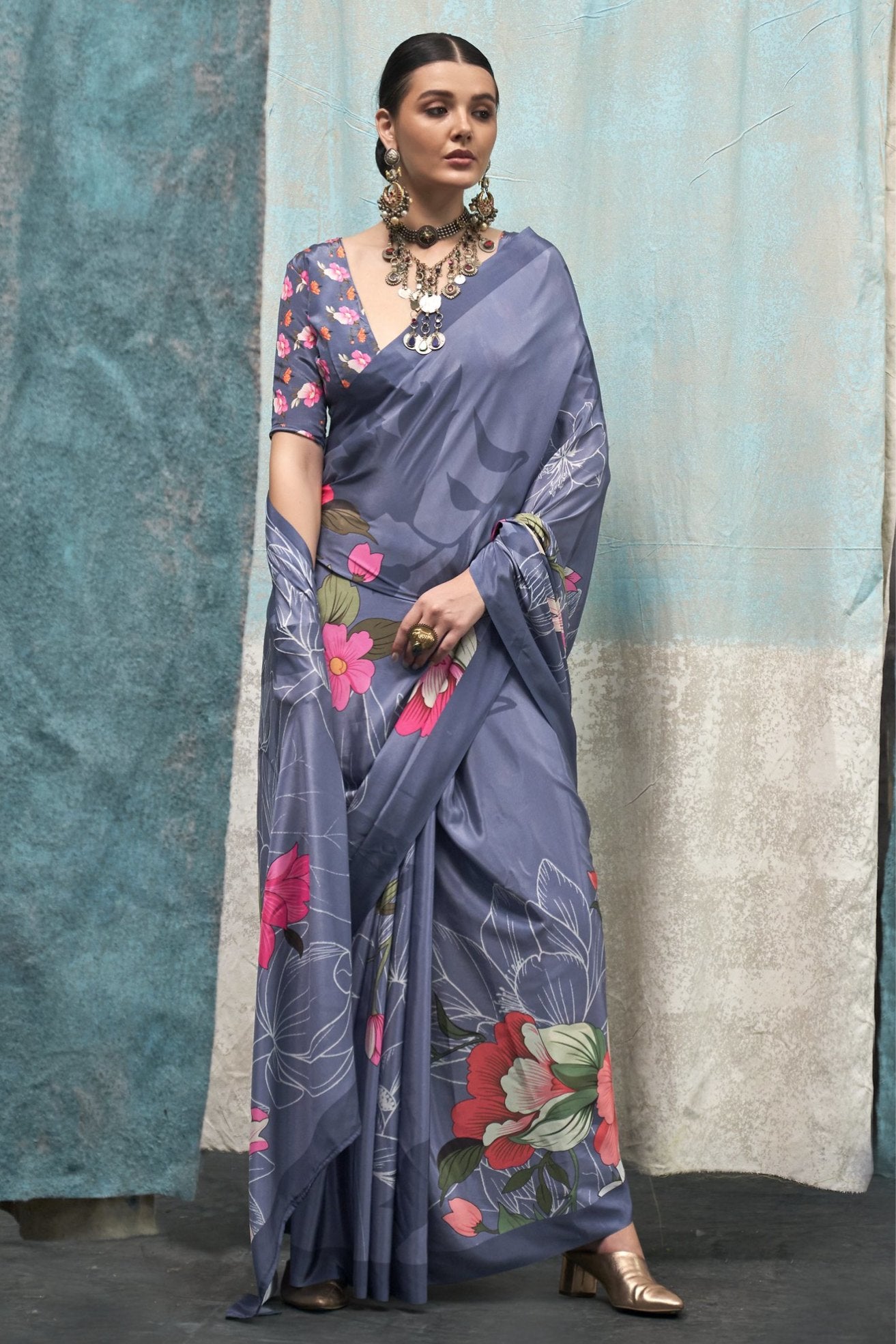 Buy MySilkLove Periwinkle Grey Printed Satin Crepe Sarees Online