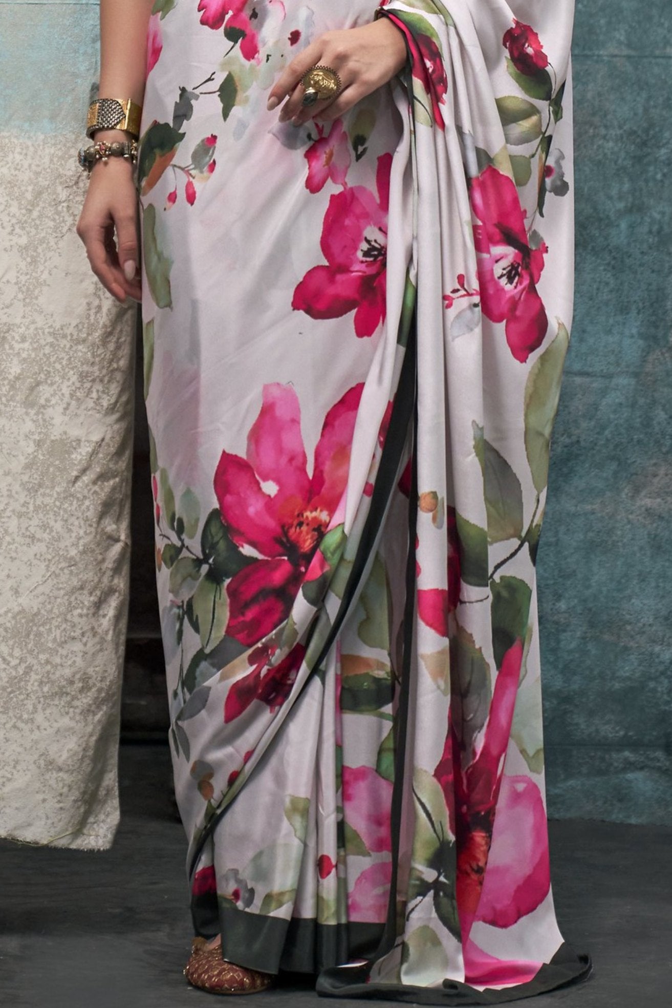 Buy MySilkLove Swiss Coffee White Printed Satin Crepe Sarees Online