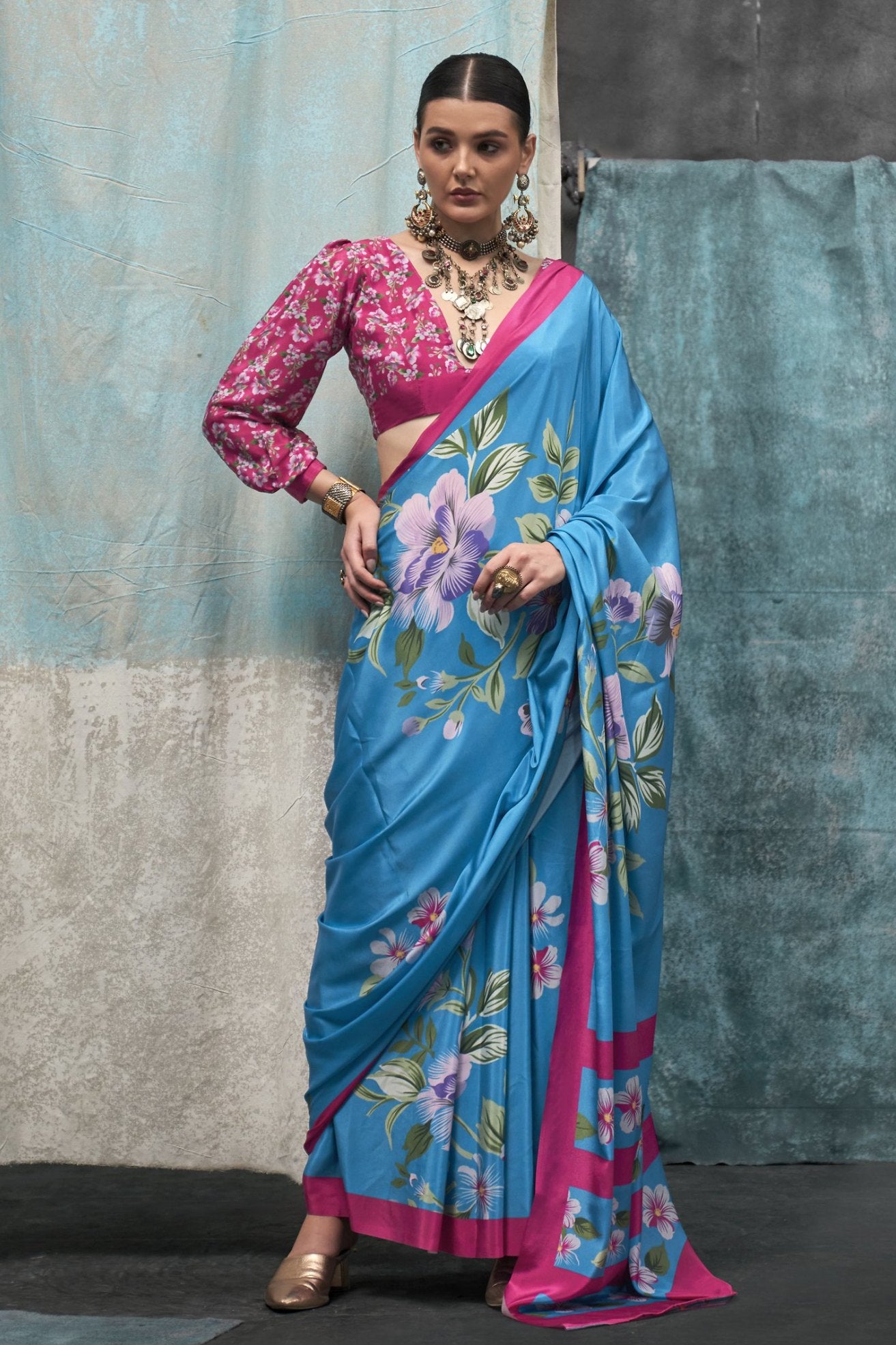 Buy MySilkLove Boston Blue Printed Satin Crepe Sarees Online